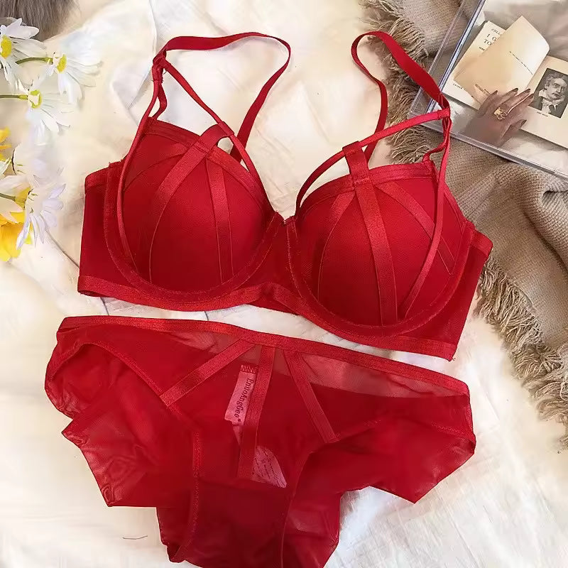 High Quality Sexy Soft Steel Ring Mesh Bra Set Padded Gathered Fake Transparent Underwear Small Chest Ensemble