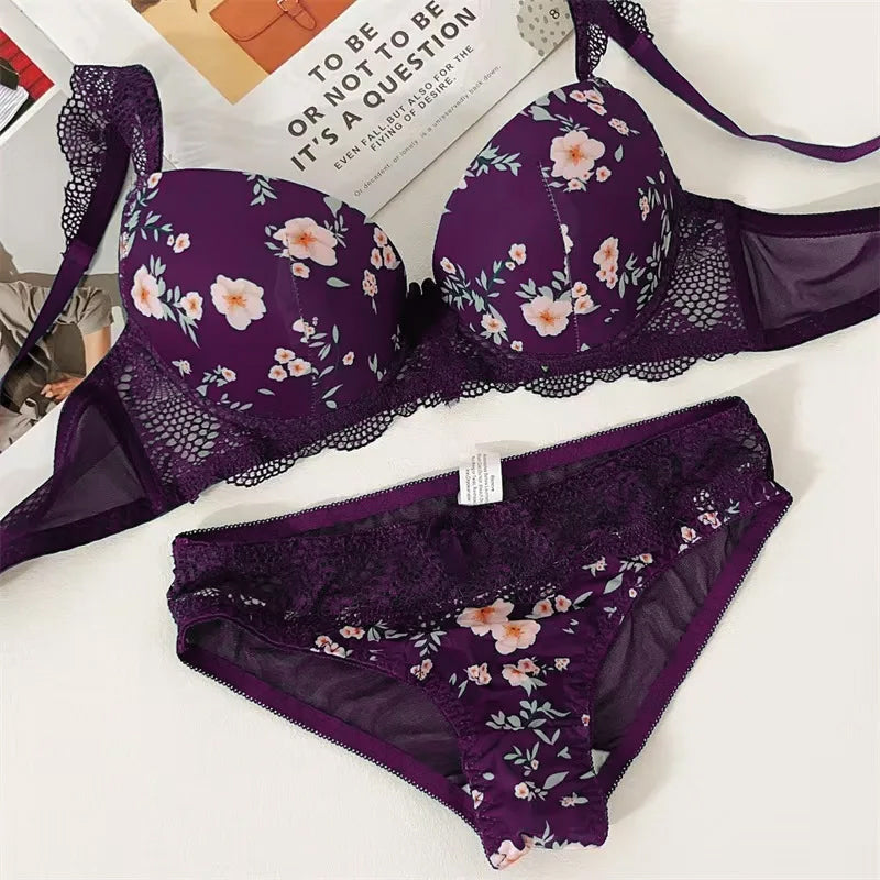 Floral printed Paded Push-up Bra Set