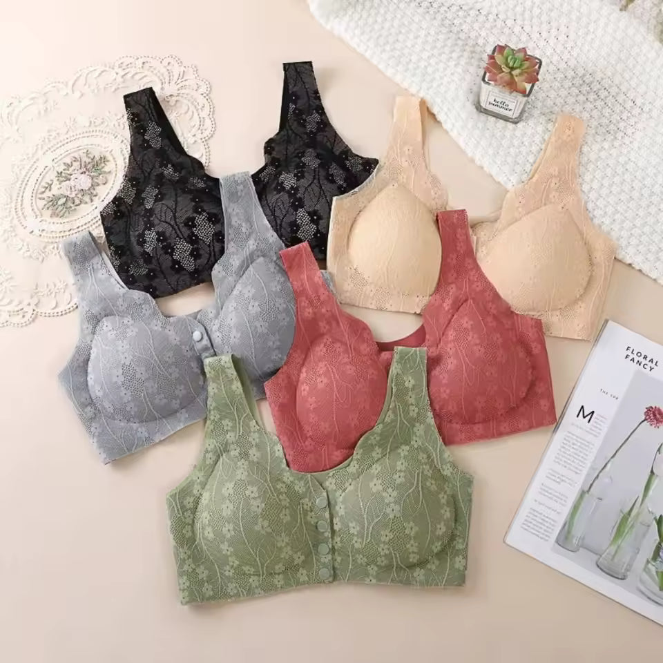Without Steel Ring Sexy Lace Underwear Thin Comfortable Tank Top Bra Plus Size Wireless Front Close Button Cotton Bras Seniors