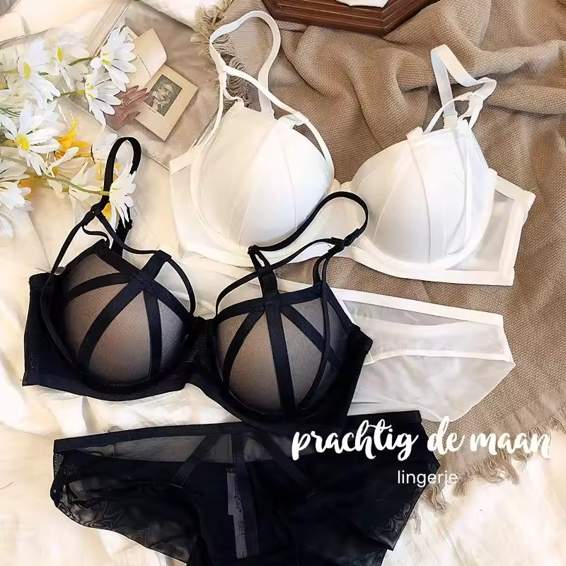 High Quality Sexy Soft Steel Ring Mesh Bra Set Padded Gathered Fake Transparent Underwear Small Chest Ensemble