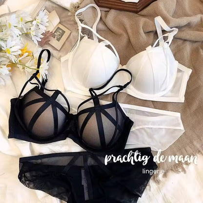 High Quality Sexy Soft Steel Ring Mesh Bra Set Padded Gathered Fake Transparent Underwear Small Chest Ensemble