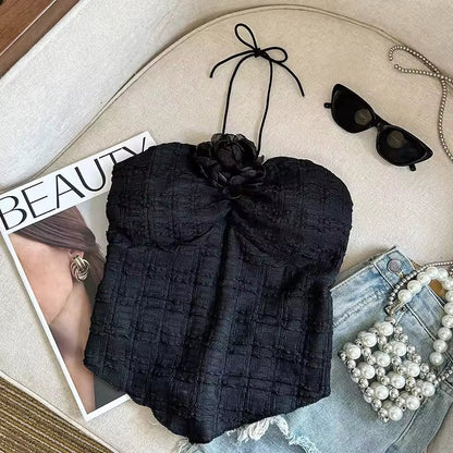 Elegant Neck Hanging Rose Flower Mini Strap Vest Women's Summer Outerwear Beautiful Sweet And Spicy New Hot Sale Of The Season P