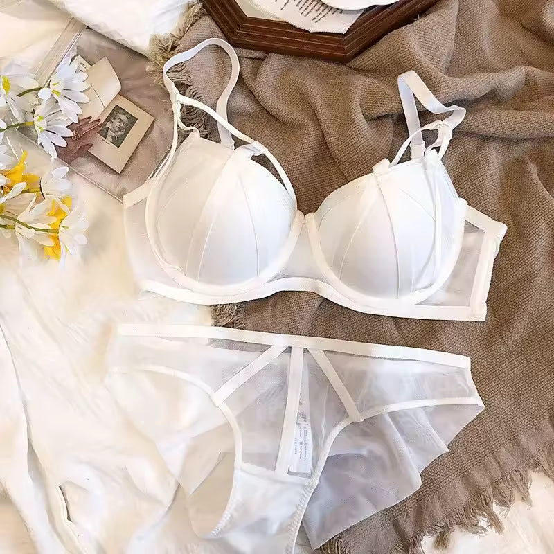 High Quality Sexy Soft Steel Ring Mesh Bra Set Padded Gathered Fake Transparent Underwear Small Chest Ensemble