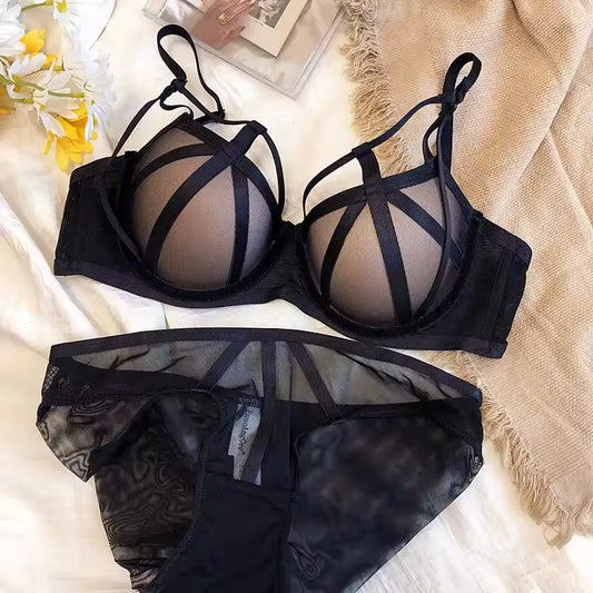 High Quality Sexy Soft Steel Ring Mesh Bra Set Padded Gathered Fake Transparent Underwear Small Chest Ensemble