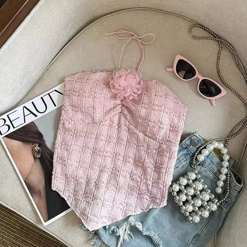 Elegant Neck Hanging Rose Flower Mini Strap Vest Women's Summer Outerwear Beautiful Sweet And Spicy New Hot Sale Of The Season P