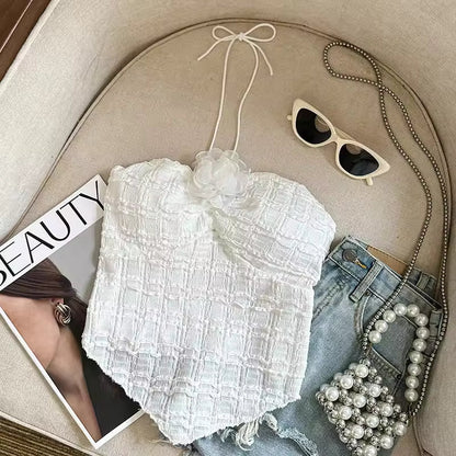 Elegant Neck Hanging Rose Flower Mini Strap Vest Women's Summer Outerwear Beautiful Sweet And Spicy New Hot Sale Of The Season P