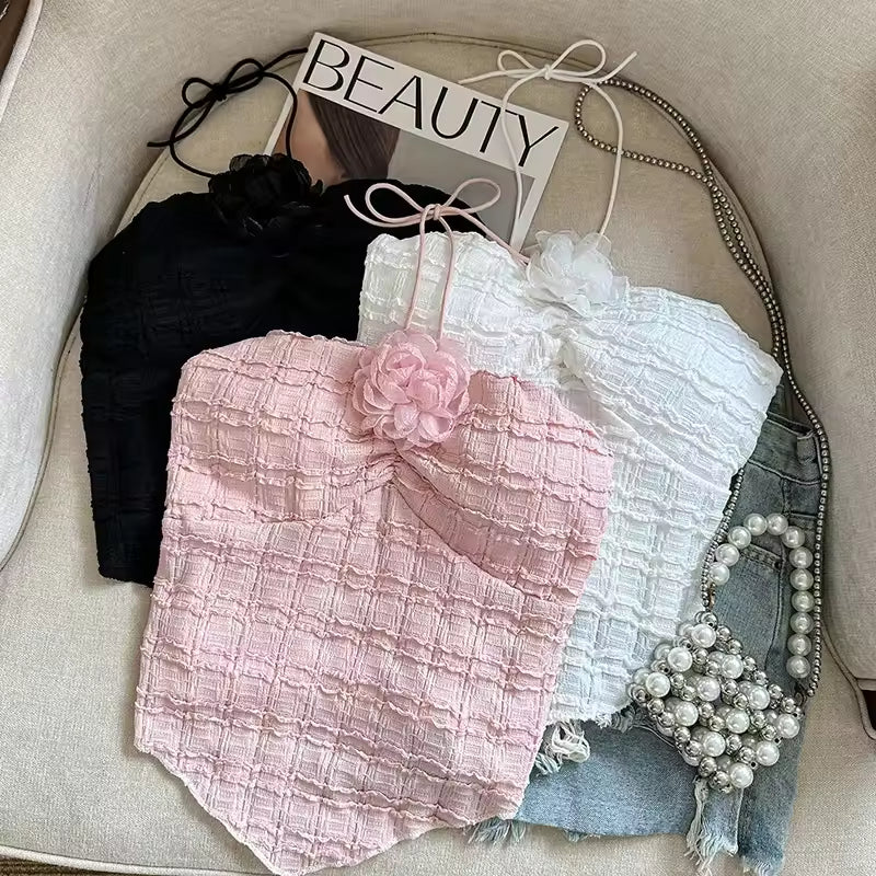 Elegant Neck Hanging Rose Flower Mini Strap Vest Women's Summer Outerwear Beautiful Sweet And Spicy New Hot Sale Of The Season P