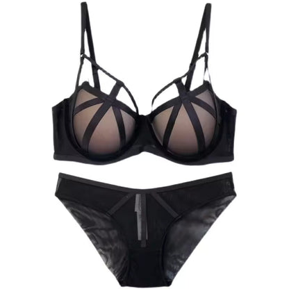 High Quality Sexy Soft Steel Ring Mesh Bra Set Padded Gathered Fake Transparent Underwear Small Chest Ensemble