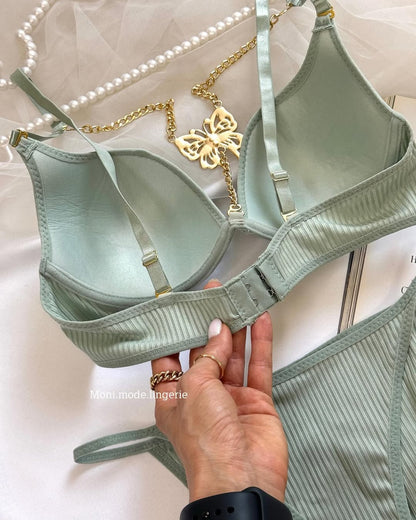 Women's Padded Butterfly Style Bra Set In chain