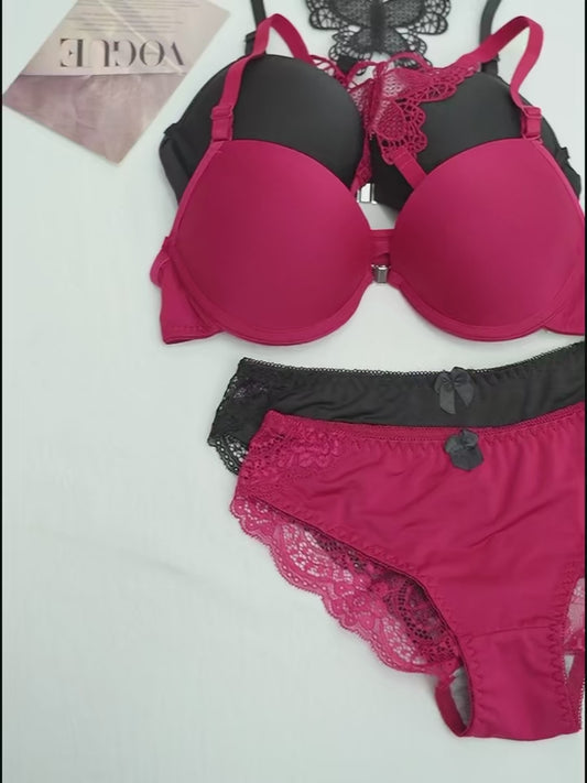 Viomisha Women's Sexy Lace Lingerie Set with Butterfly Back Design Front Closure Push Up Bra Underwear Panty Set S-XL