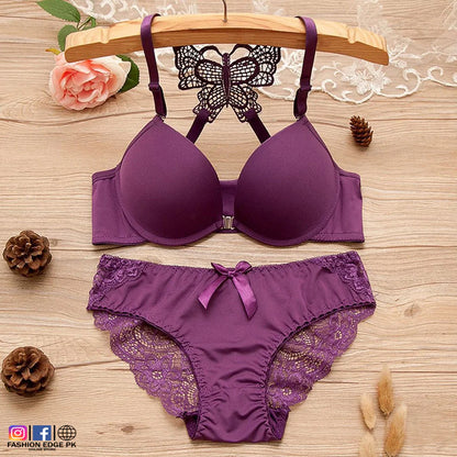 Viomisha Women's Sexy Lace Lingerie Set with Butterfly Back Design Front Closure Push Up Bra Underwear Panty Set S-XL